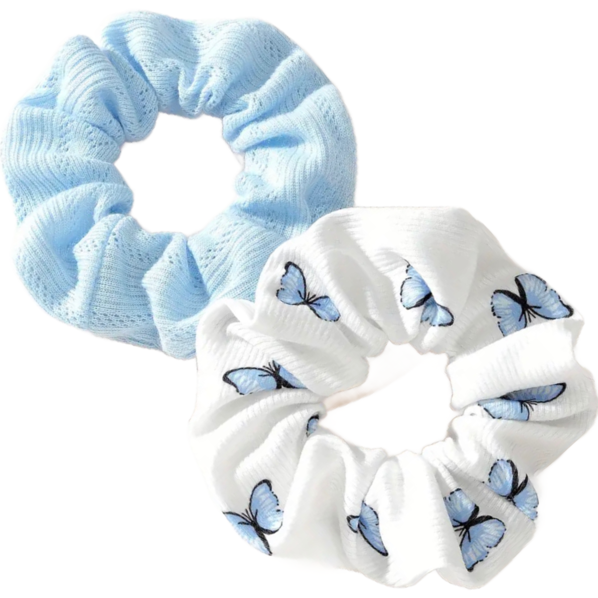 2pc Butterfly Hair Texture Scrunchies Elastic Ties Set Comfortable Blue Lot NEW