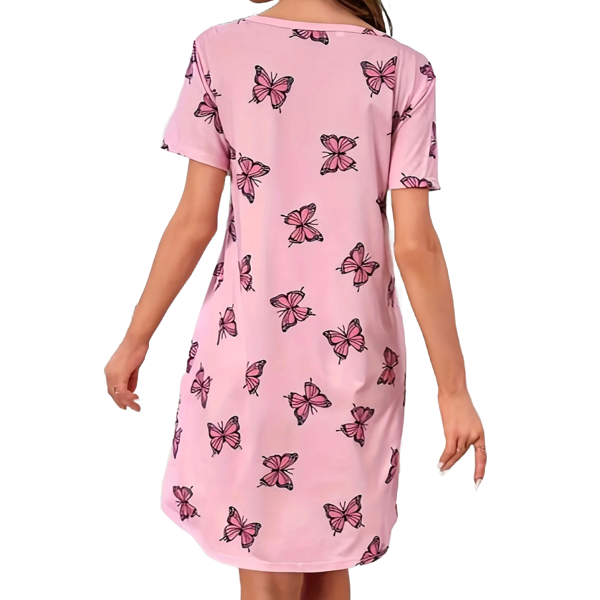 Casual Pink Butterfly Nightdress Crew Neck Short Sleeve Soft Sleep Dress New