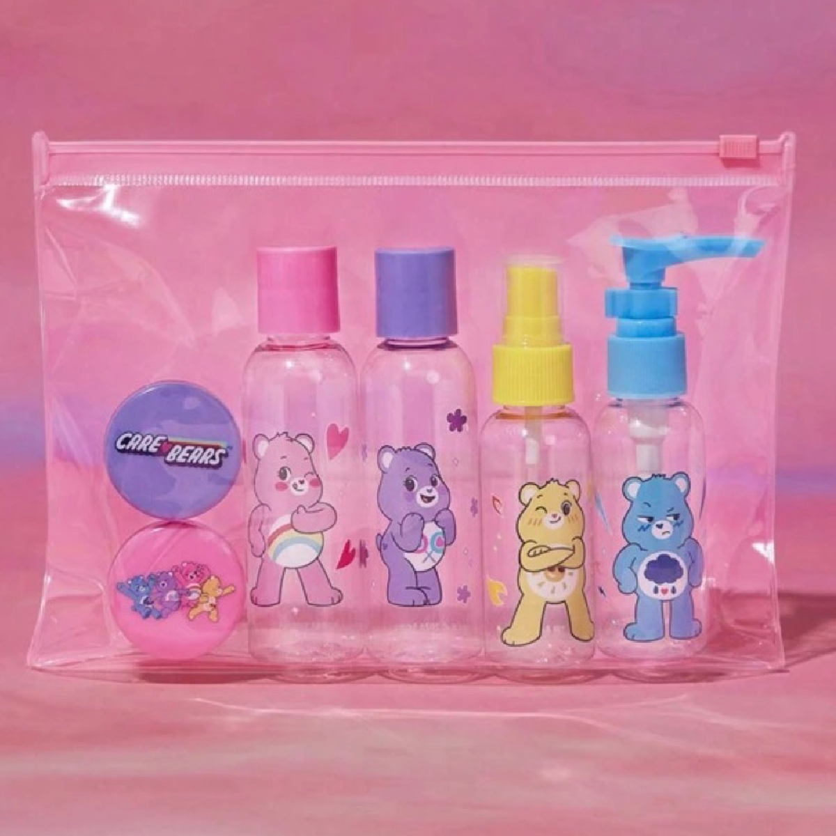 Care Bears Cartoon 14pc Lot Travel Bottles, Pink Bag, Mini Puffs, Powder Puffs