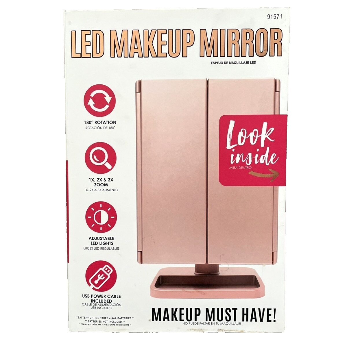 Onyx LED Makeup Mirror Rotating 1x 2x 3x Manification Rose Gold USB Battery New
