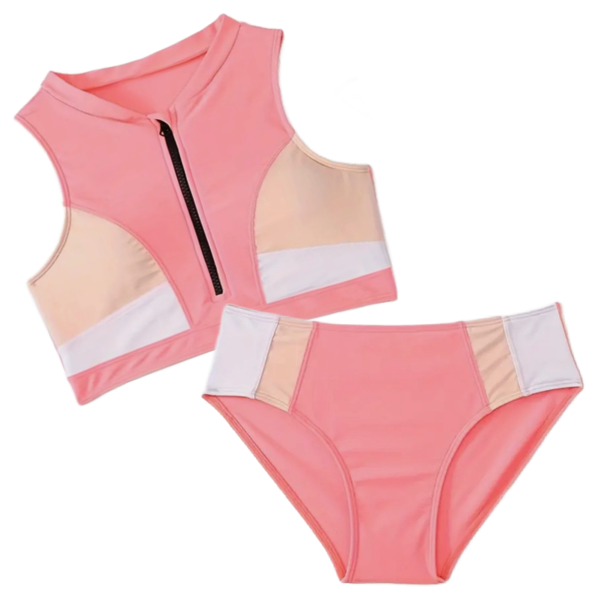 2pc Peach Tankini Swimwear Girl's Size 13/14 Zipper Top & Brief Swimsuit Set New