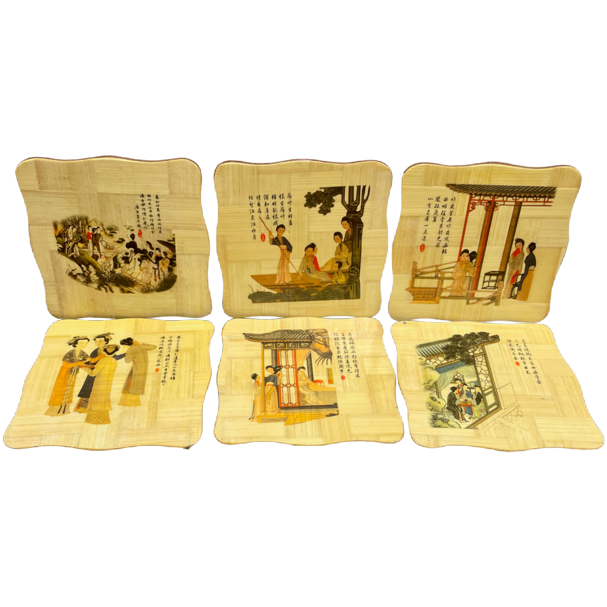 Chinese Barware 7pc Coasters Vintage Handcrafted Bamboo Wood Square Rack People