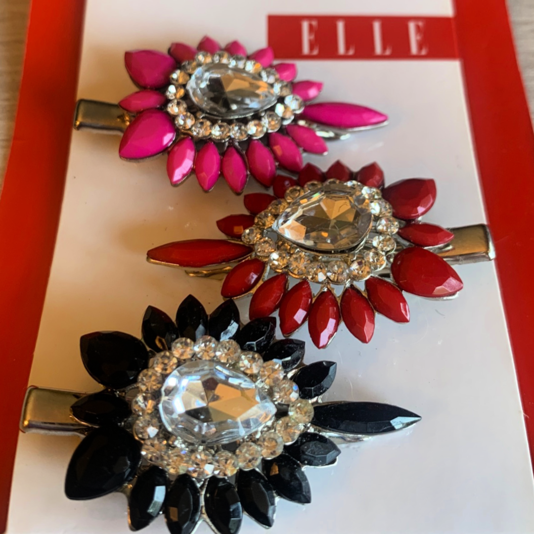 Elle Salon Hair Clips Rhinestone Pack of 3 Pink, Red, Black New