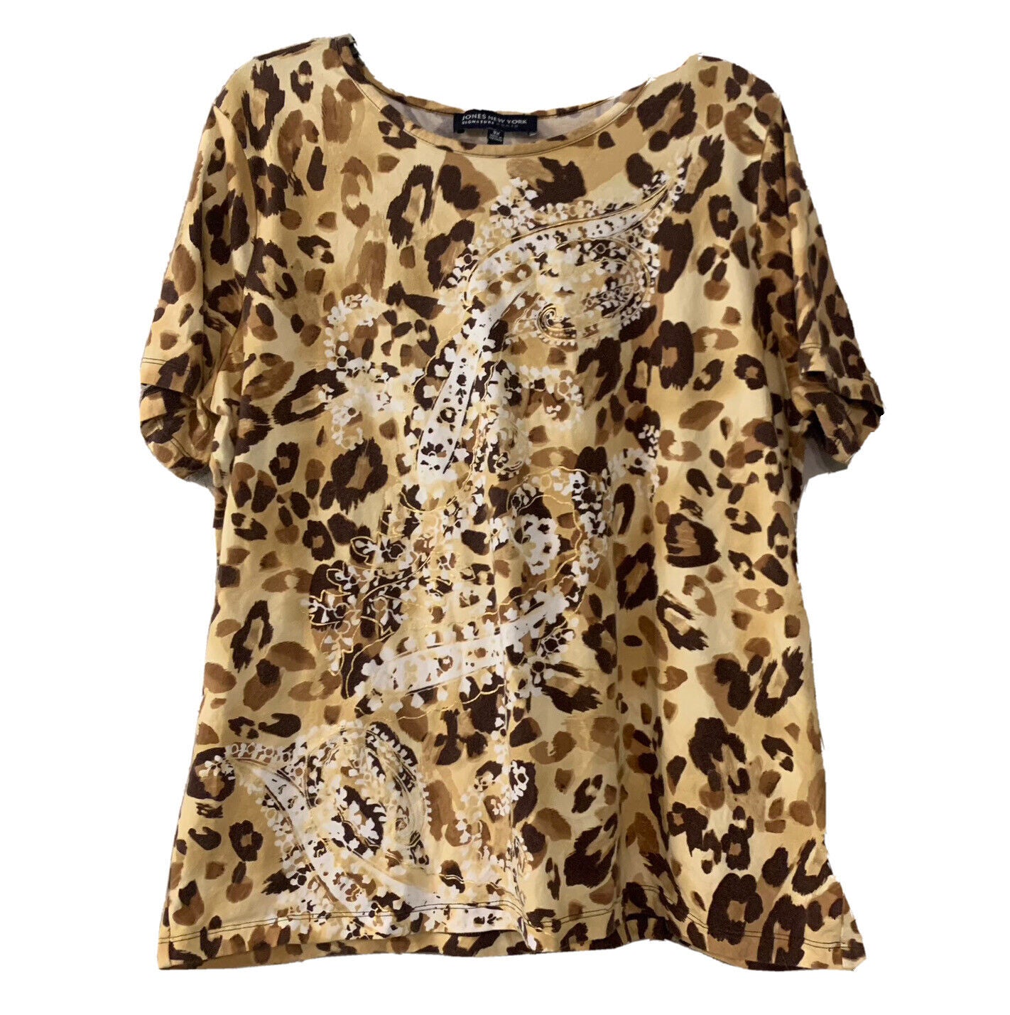 Jones New York Signature Size 3X Shirt Paisley Cheetah Cat Print Cotton/Spandex