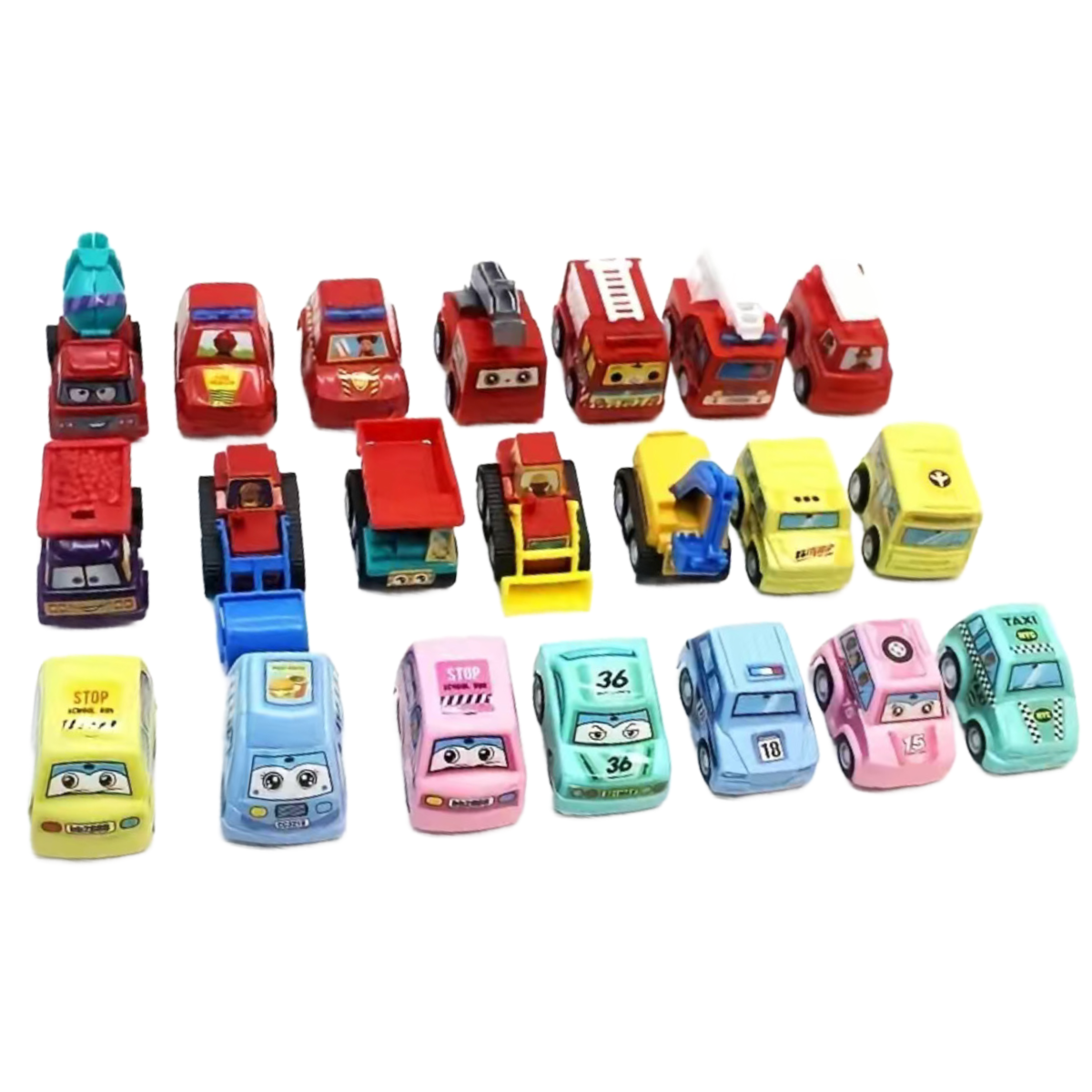 18pc Pull Back Mini Die-Cast Cars City, Fire Trucks, Construction Vehicles Sets