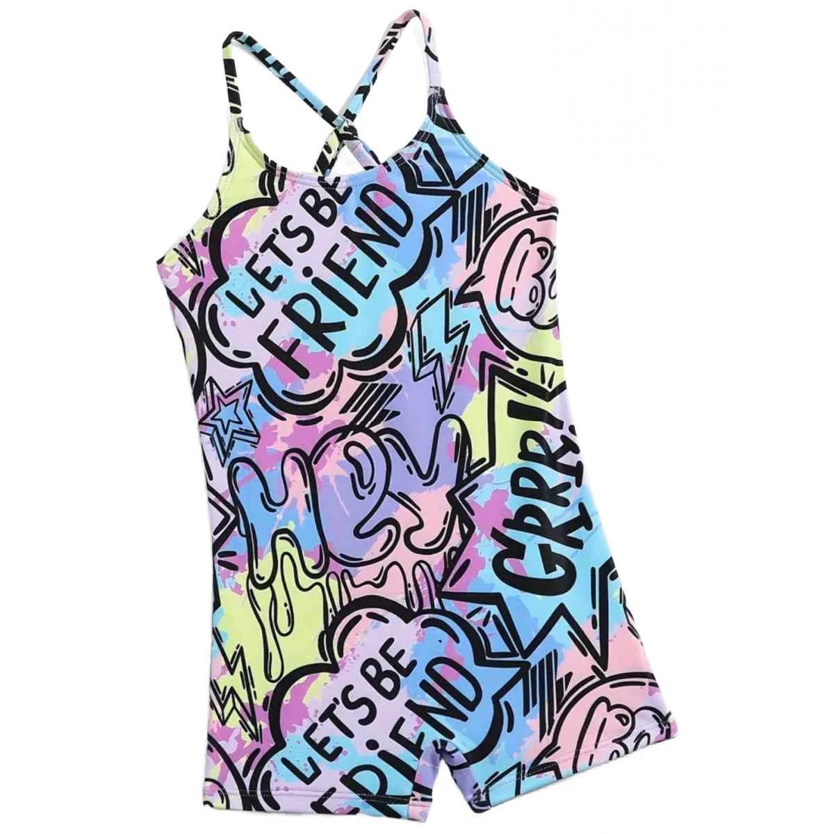 Chic Graffiti High Waist Jumpsuit Swimwear Girls Criss-Cross Straps Swimsuit New