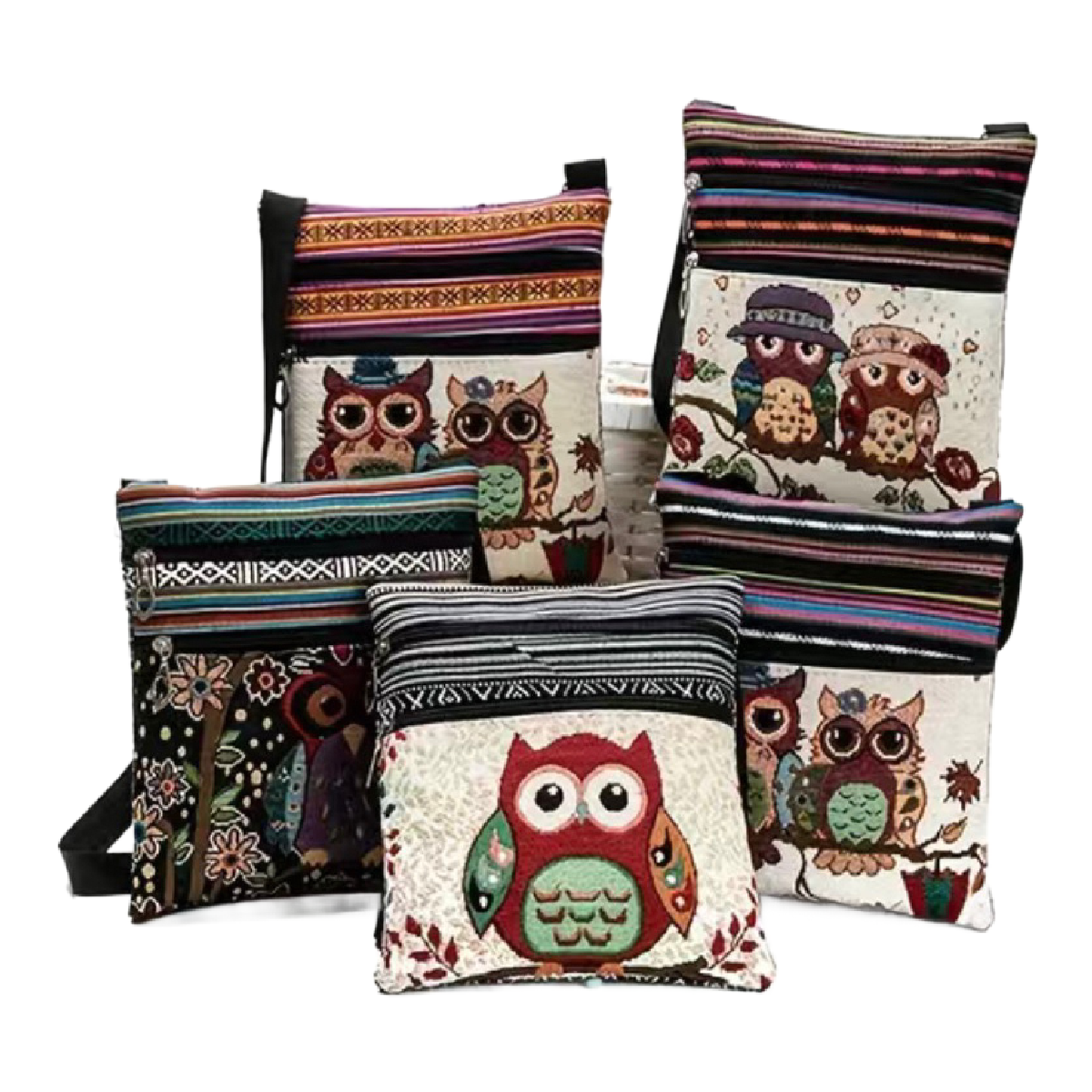 Embroidered Tote Owl Floral Purse Colorful Crossbody Bag Zipper Pocket NEW