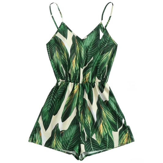Tropical Green Leaves Romper Jumpsuit Size XL / 12 V-Neck Adjustable Strap NEW