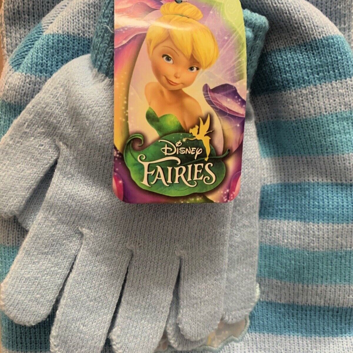 Disney Tinker Bell Fairy Girls 3 Piece Blue Beanie Hat, Gloves, Scarf Set NWT