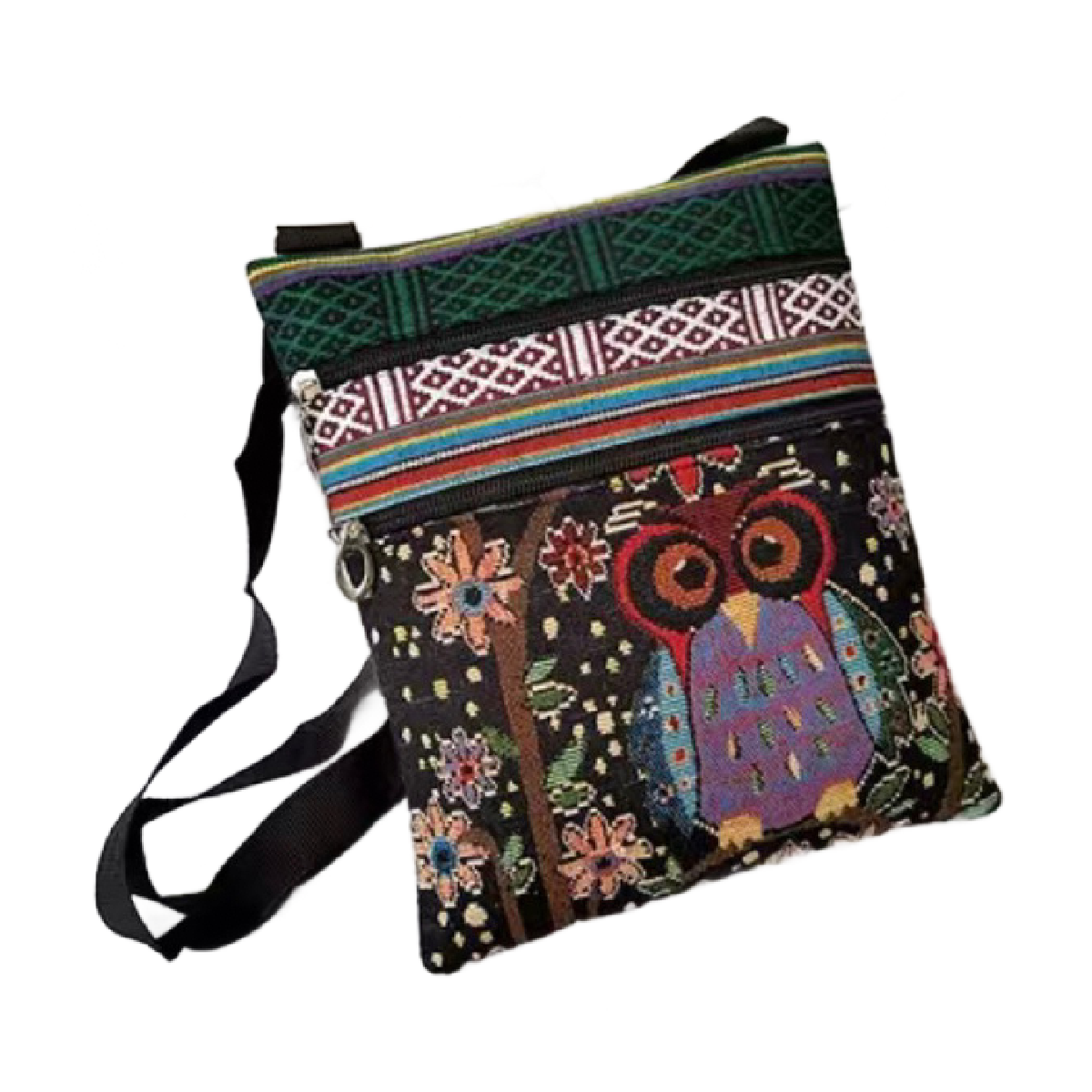 Embroidered Tote Owl Floral Purse Colorful Crossbody Bag Zipper Pocket NEW