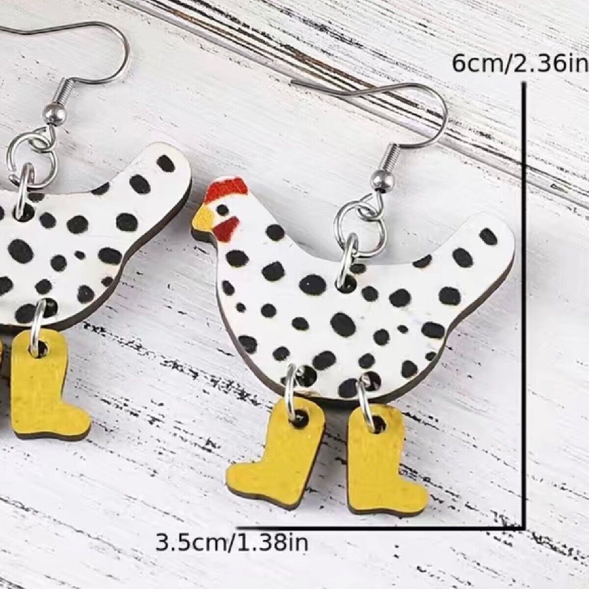 Funny Wooden Hen Bird Dangle Earrings White / Black Chicken Wearing Rain Boots