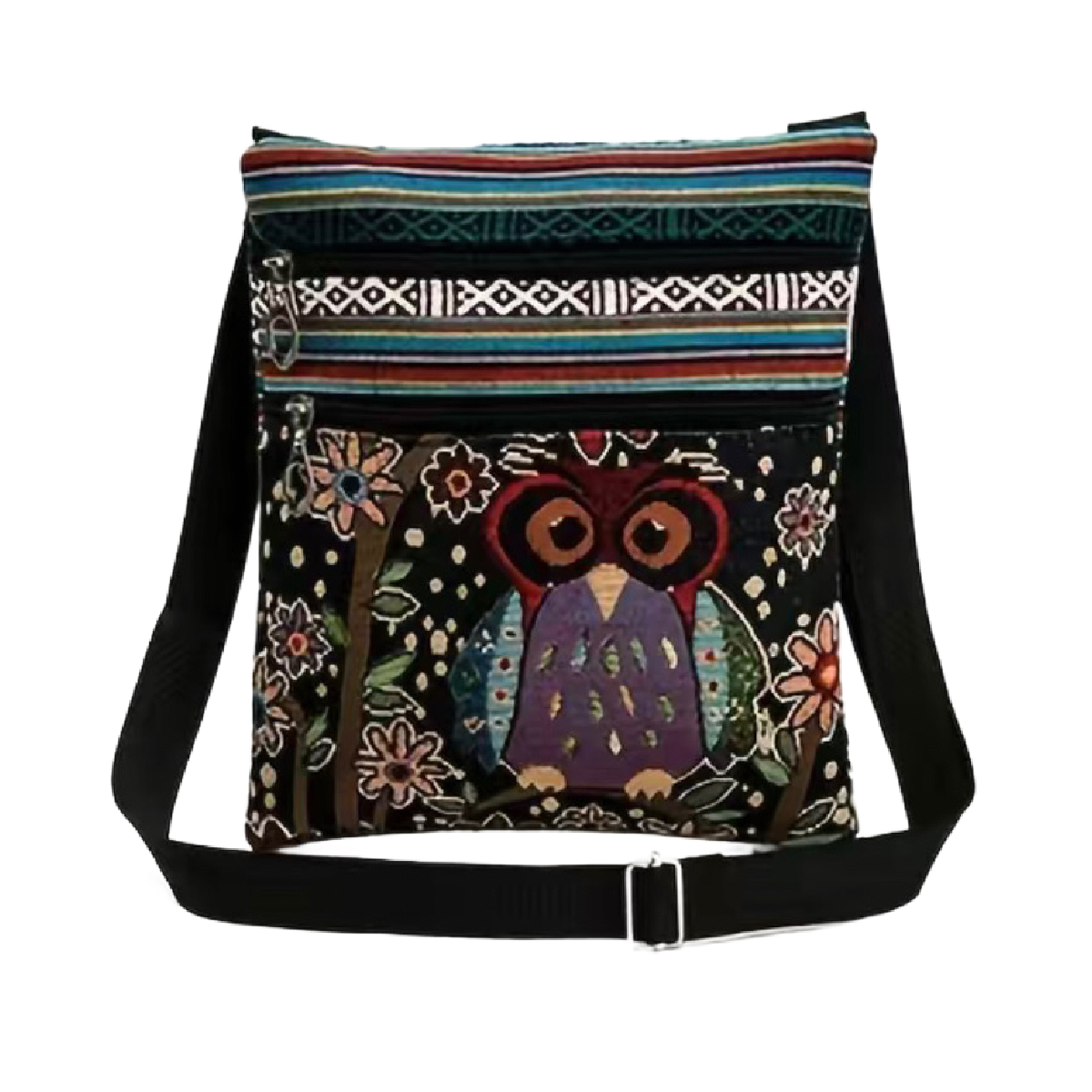 Embroidered Tote Owl Floral Purse Colorful Crossbody Bag Zipper Pocket NEW