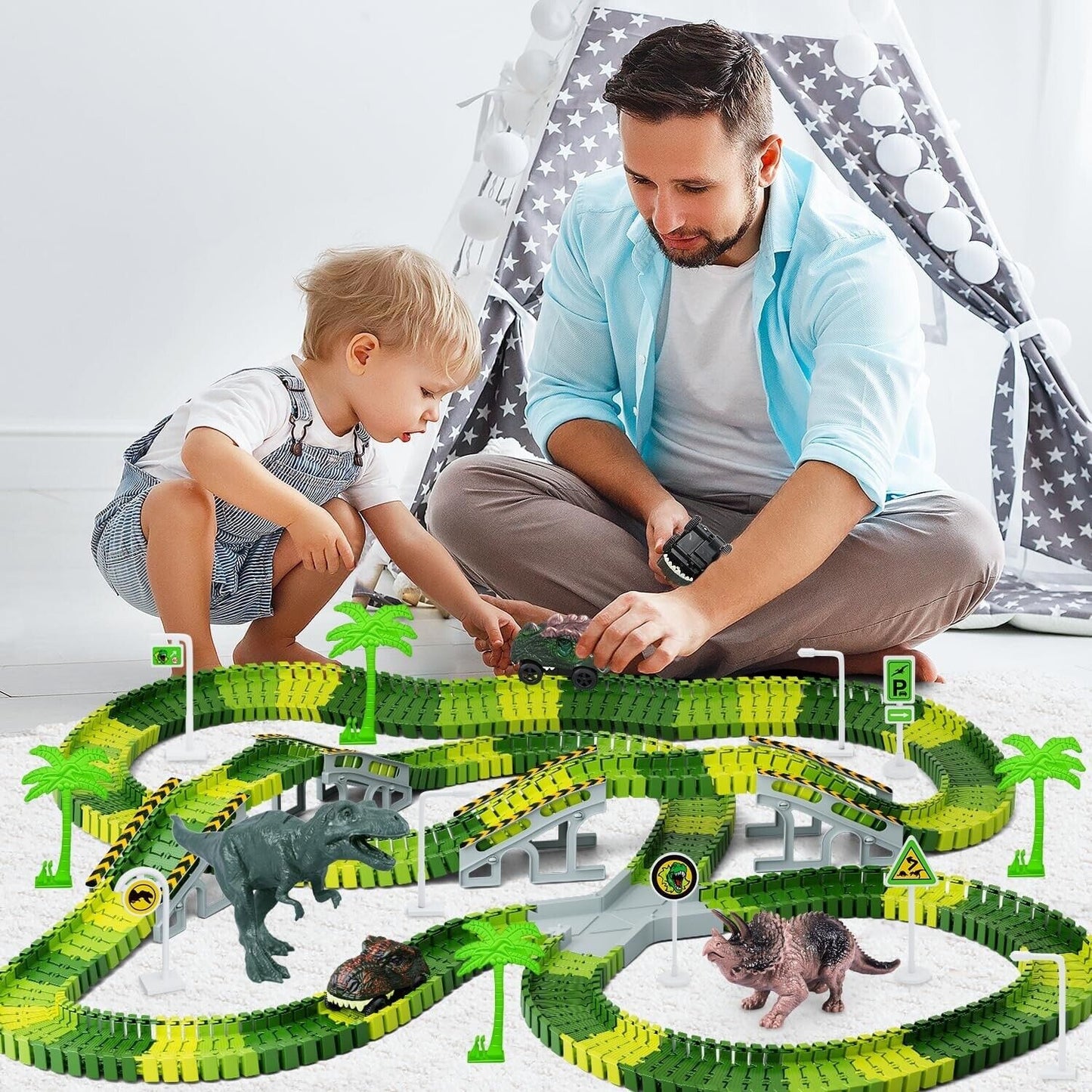 252pcs Dinosaur Toys Vehicles Jurassic World Road Flexible Race Tracks NIB