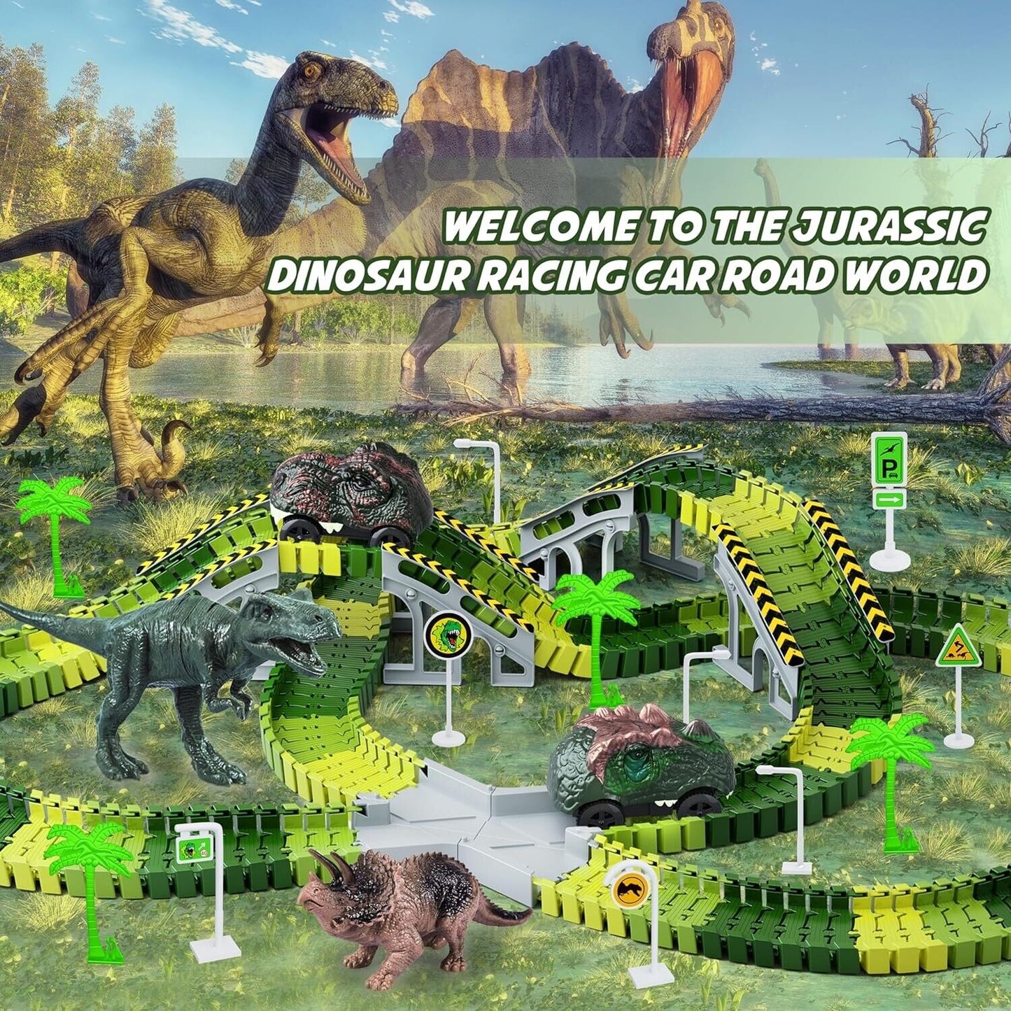 252pcs Dinosaur Toys Vehicles Jurassic World Road Flexible Race Tracks NIB