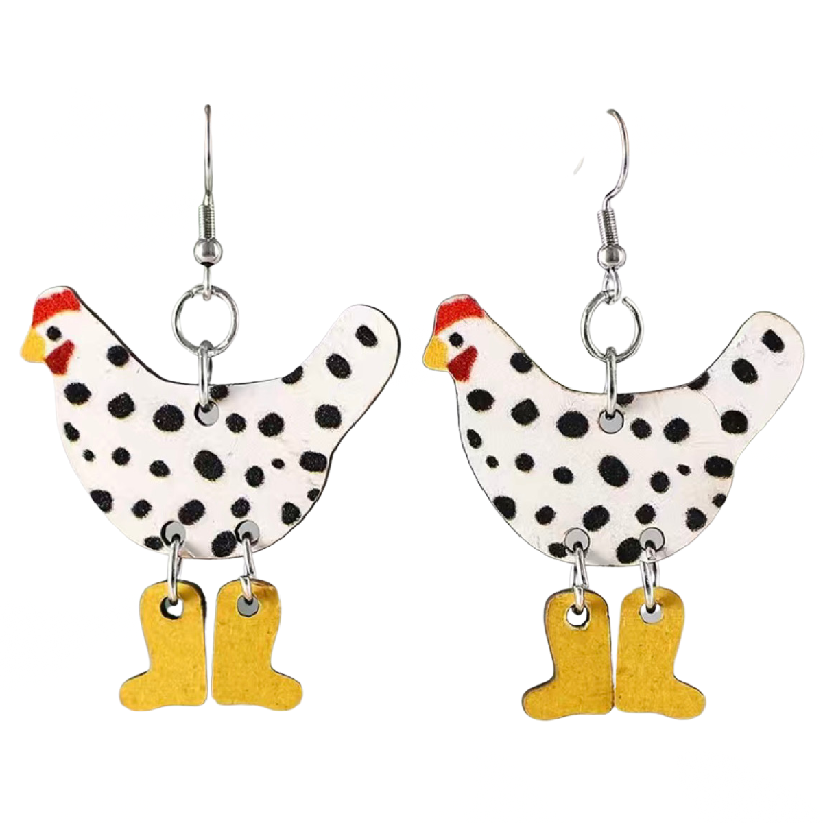 Funny Wooden Hen Bird Dangle Earrings White / Black Chicken Wearing Rain Boots