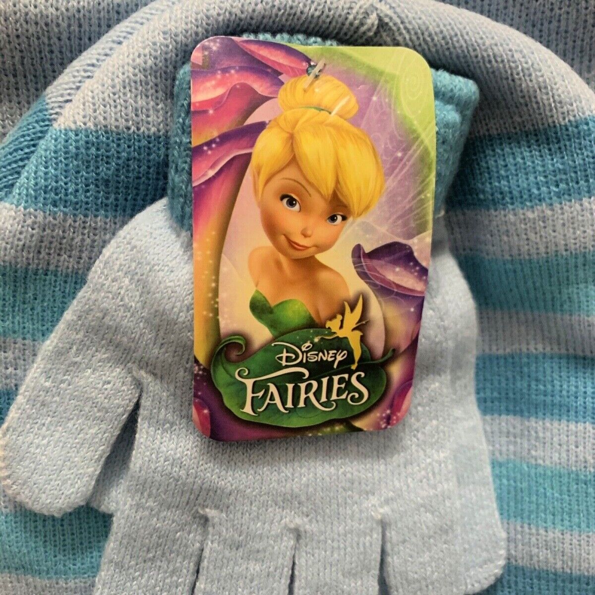 Disney Tinker Bell Fairy Girls 3 Piece Blue Beanie Hat, Gloves, Scarf Set NWT