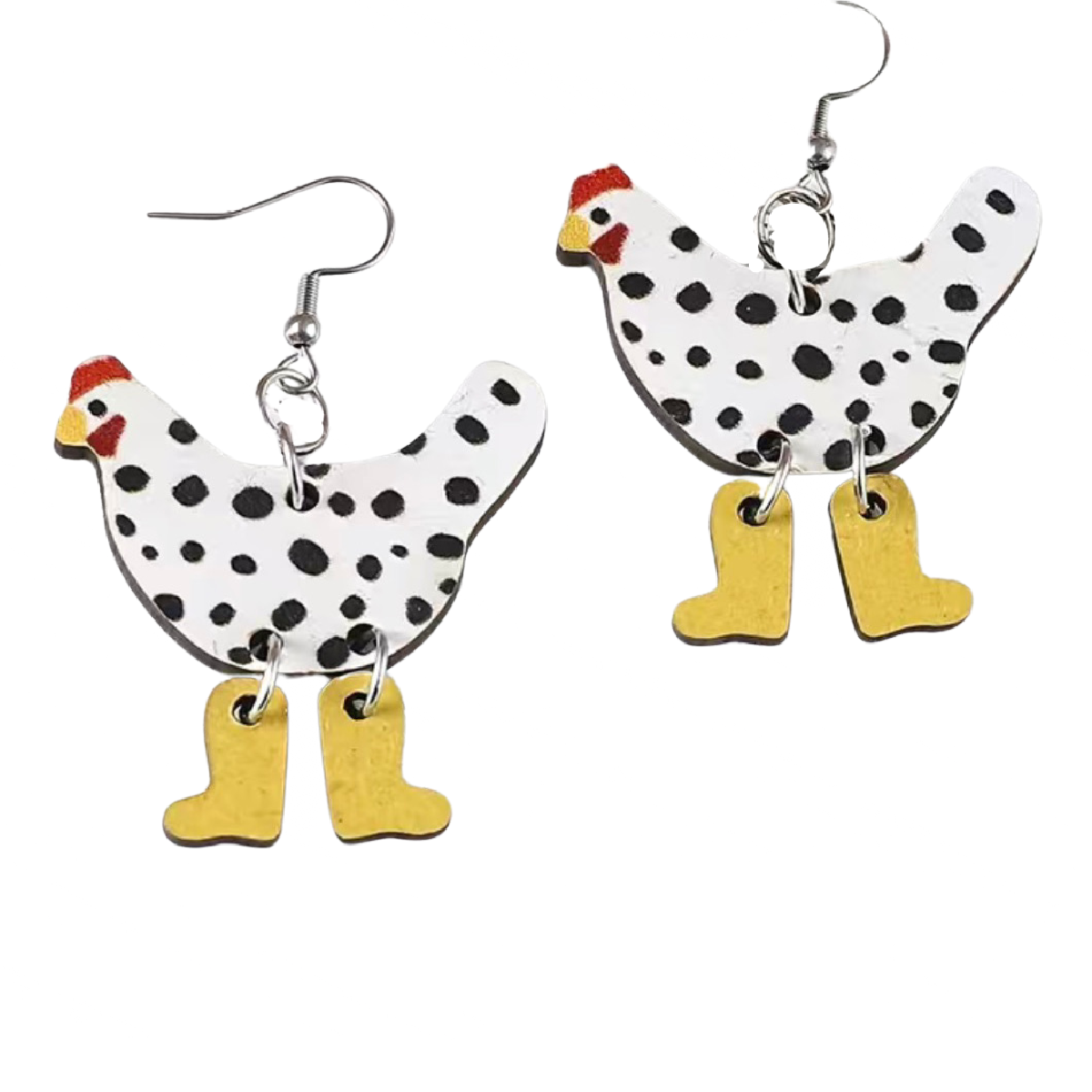 Funny Wooden Hen Bird Dangle Earrings White / Black Chicken Wearing Rain Boots