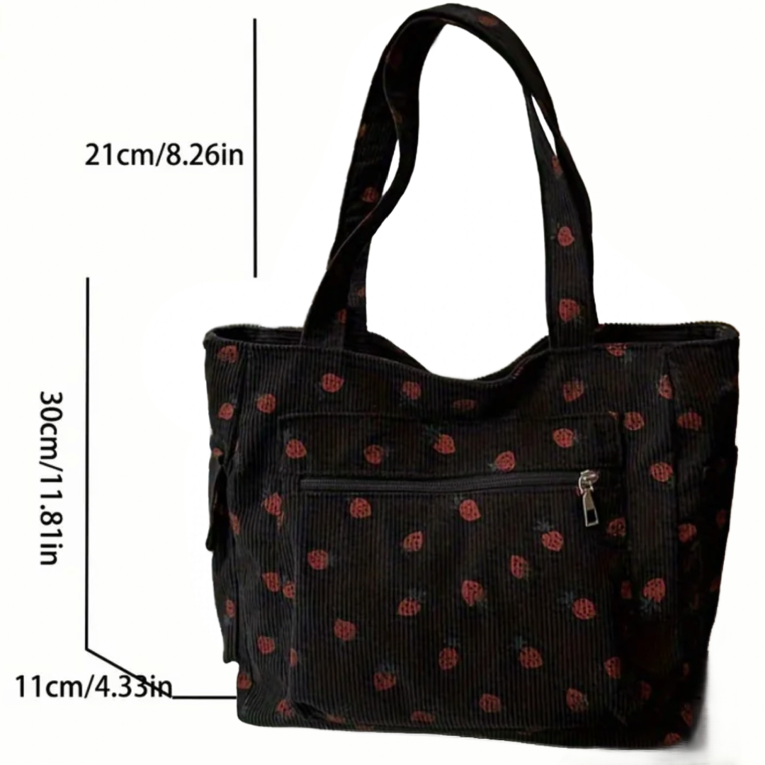 Black Corduroy Zipper Front Tote Bag Strawberry Pattern Shoulder Bag Purse New