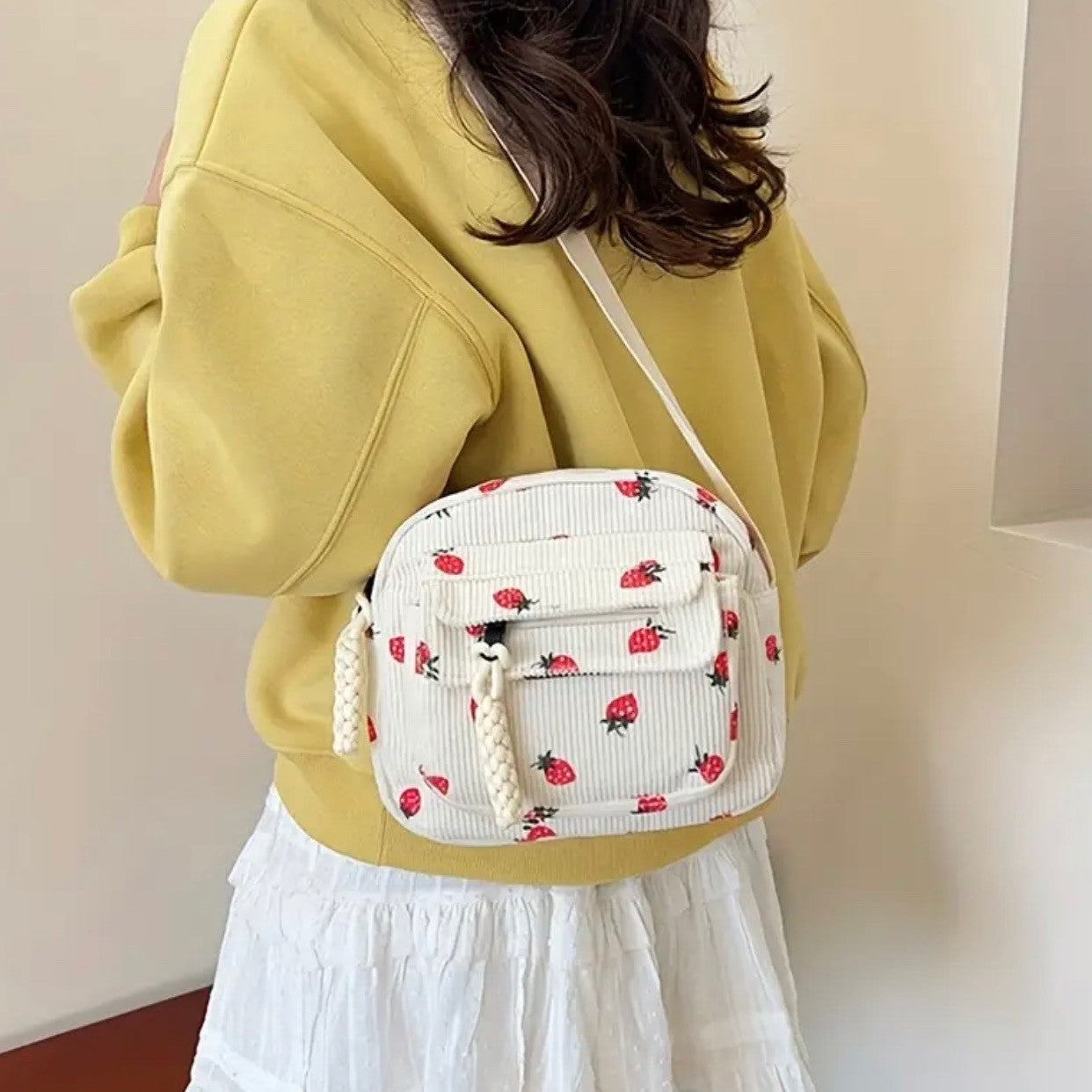 Small Corduroy Strawberry Print Shoulder Hand Bag Purse Crossbody New