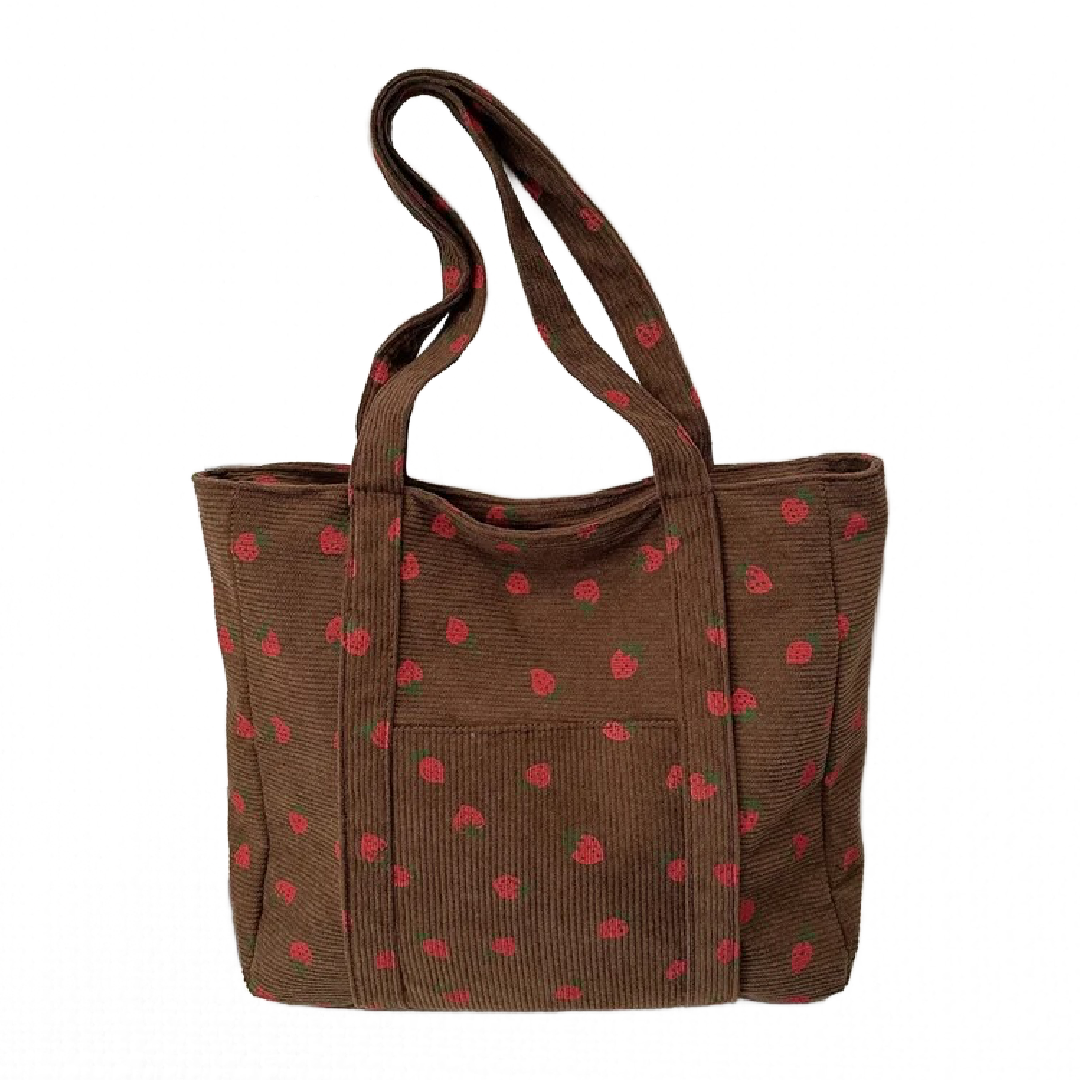 Corduroy Tote Bag Strawberry Pattern Large 13"x12" Shoulder Bag Purse New