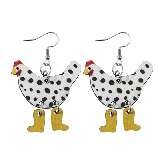 Funny Wooden Hen Bird Dangle Earrings White / Black Chicken Wearing Rain Boots