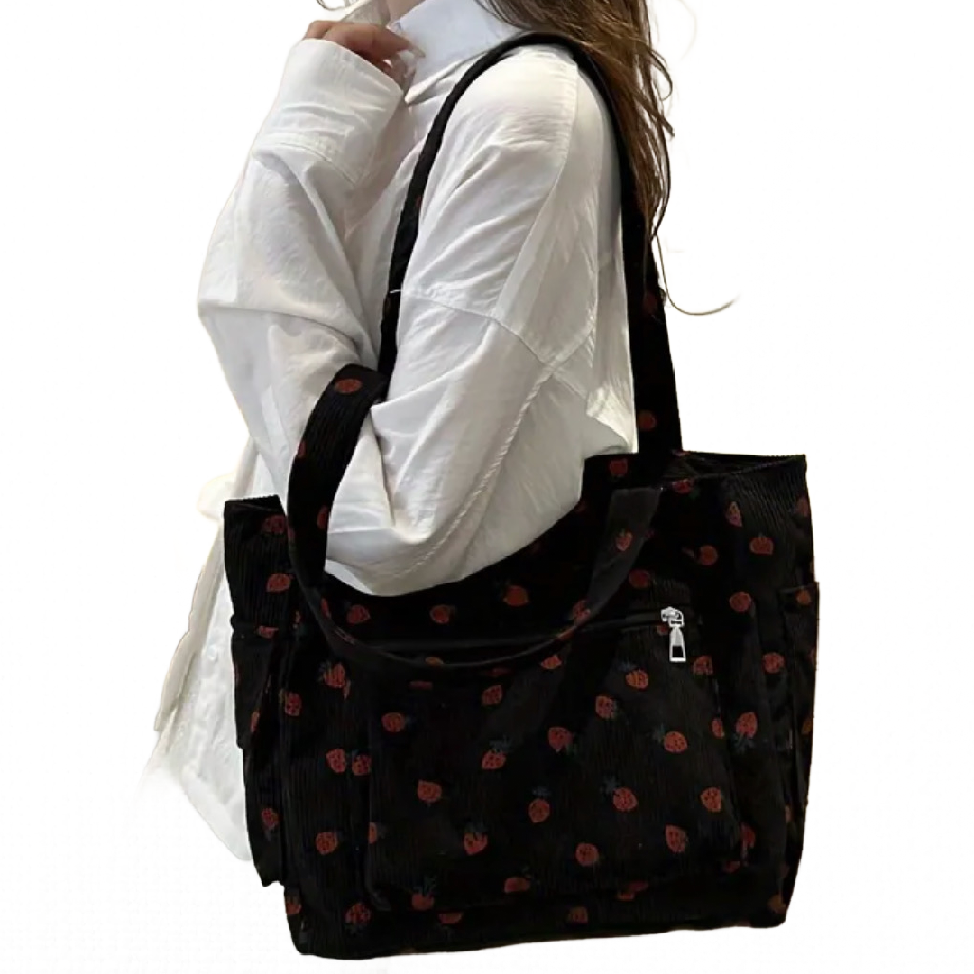 Black Corduroy Zipper Front Tote Bag Strawberry Pattern Shoulder Bag Purse New