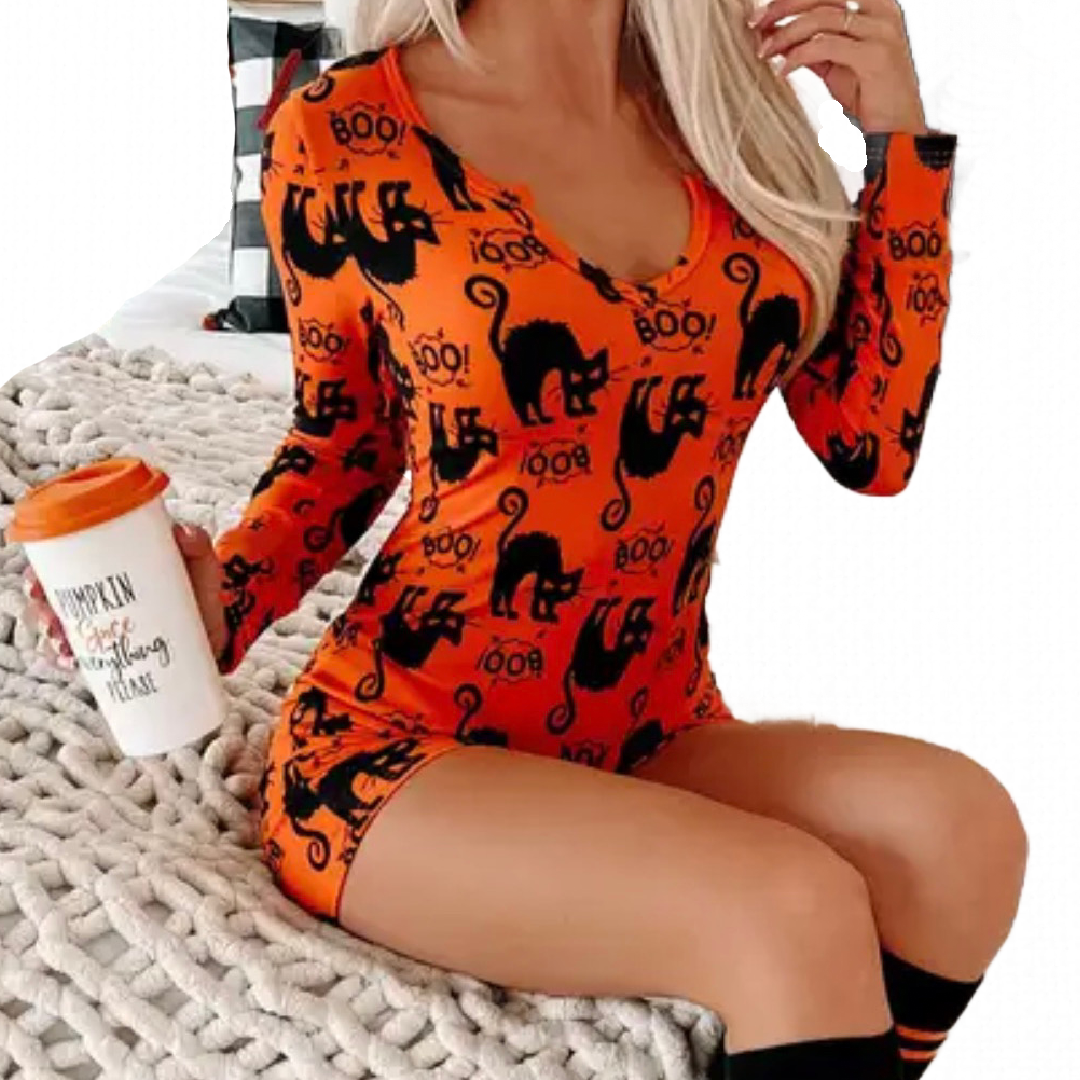 Halloween BOO Black Cat Bodysuit Loungewear PJ V-Neck Jumpsuit Size XL / 12