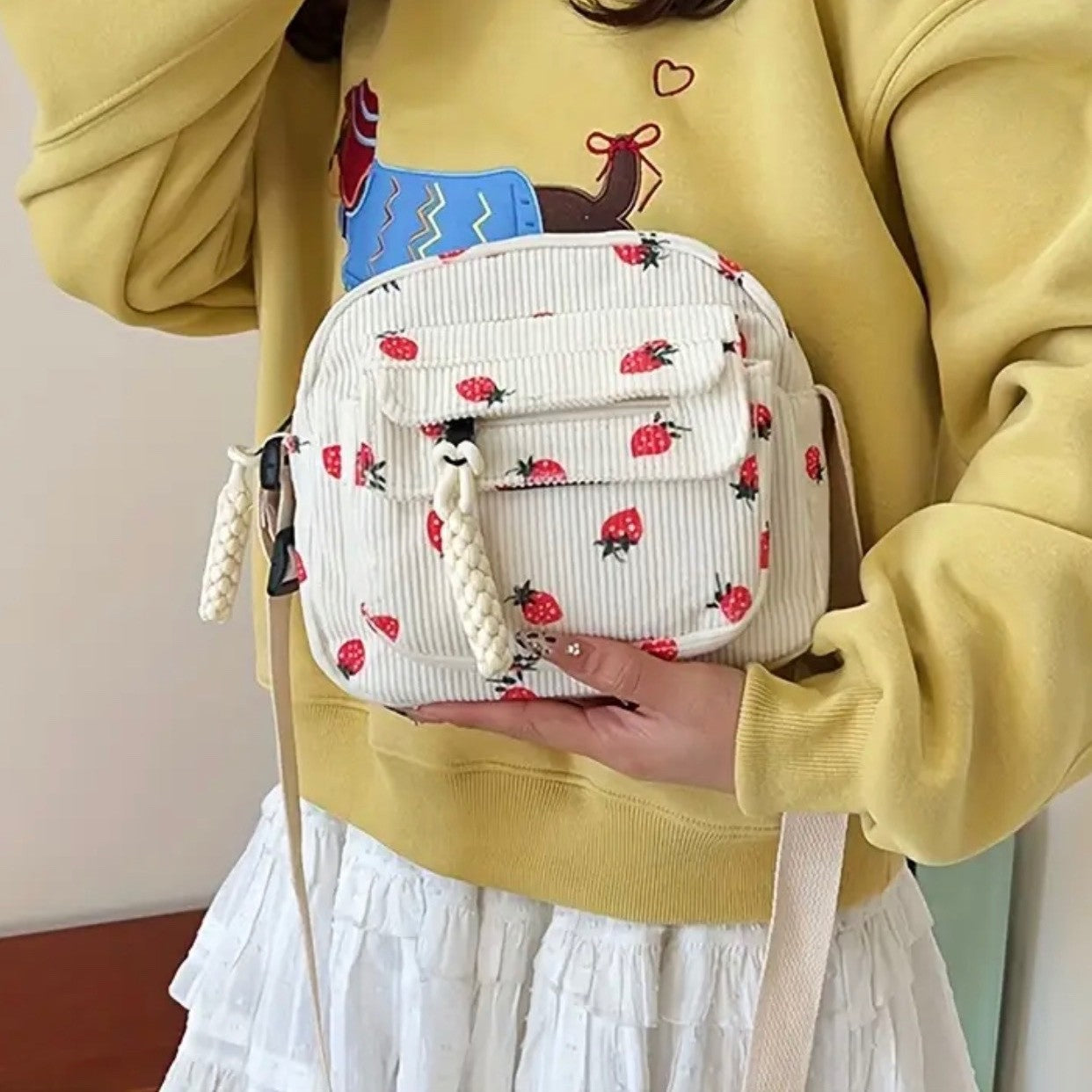 Small Corduroy Strawberry Print Shoulder Hand Bag Purse Crossbody New