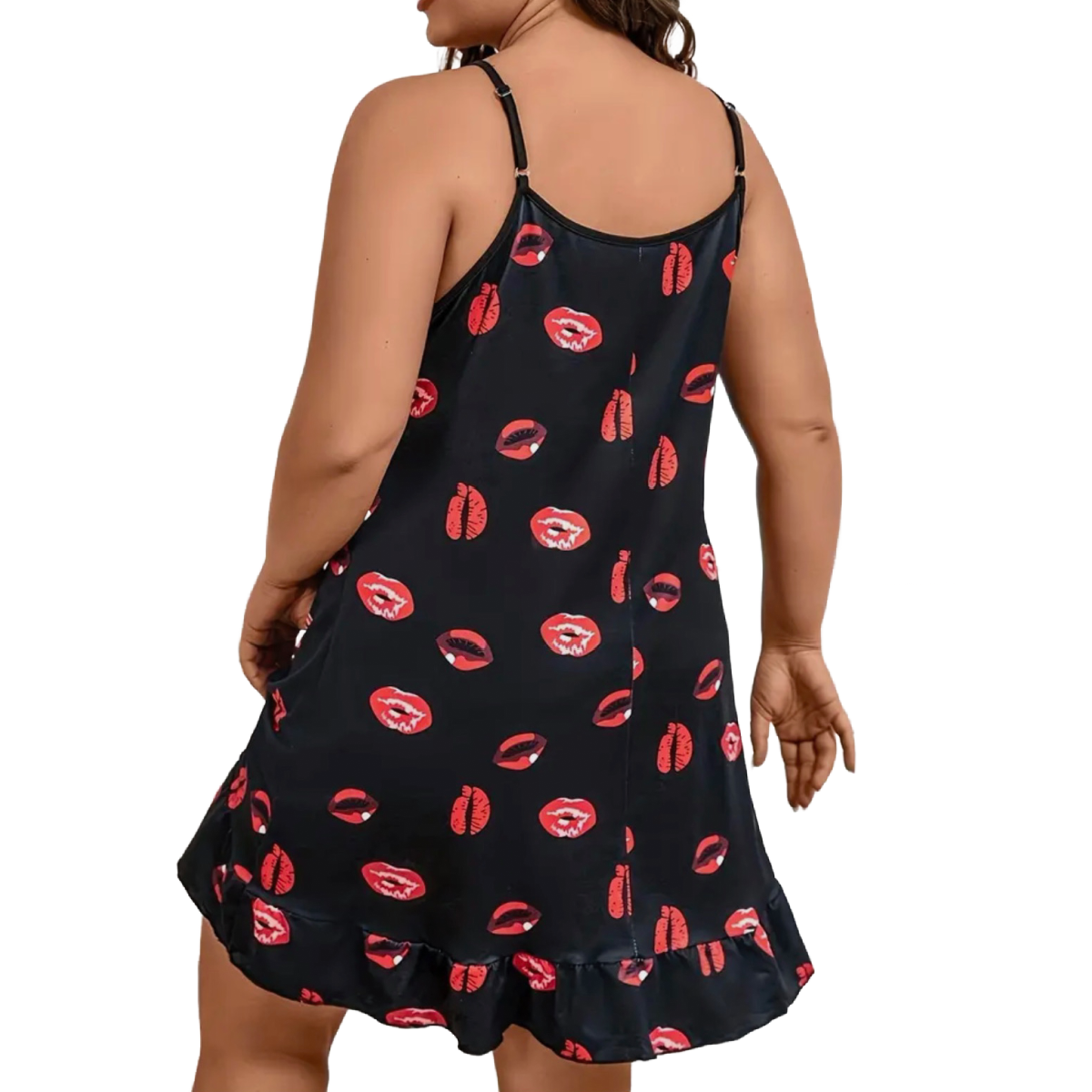 Red Lips Lingerie Slip Nightdress PJ Loungewear Ruffle Trim Sexy Cami Pajamas