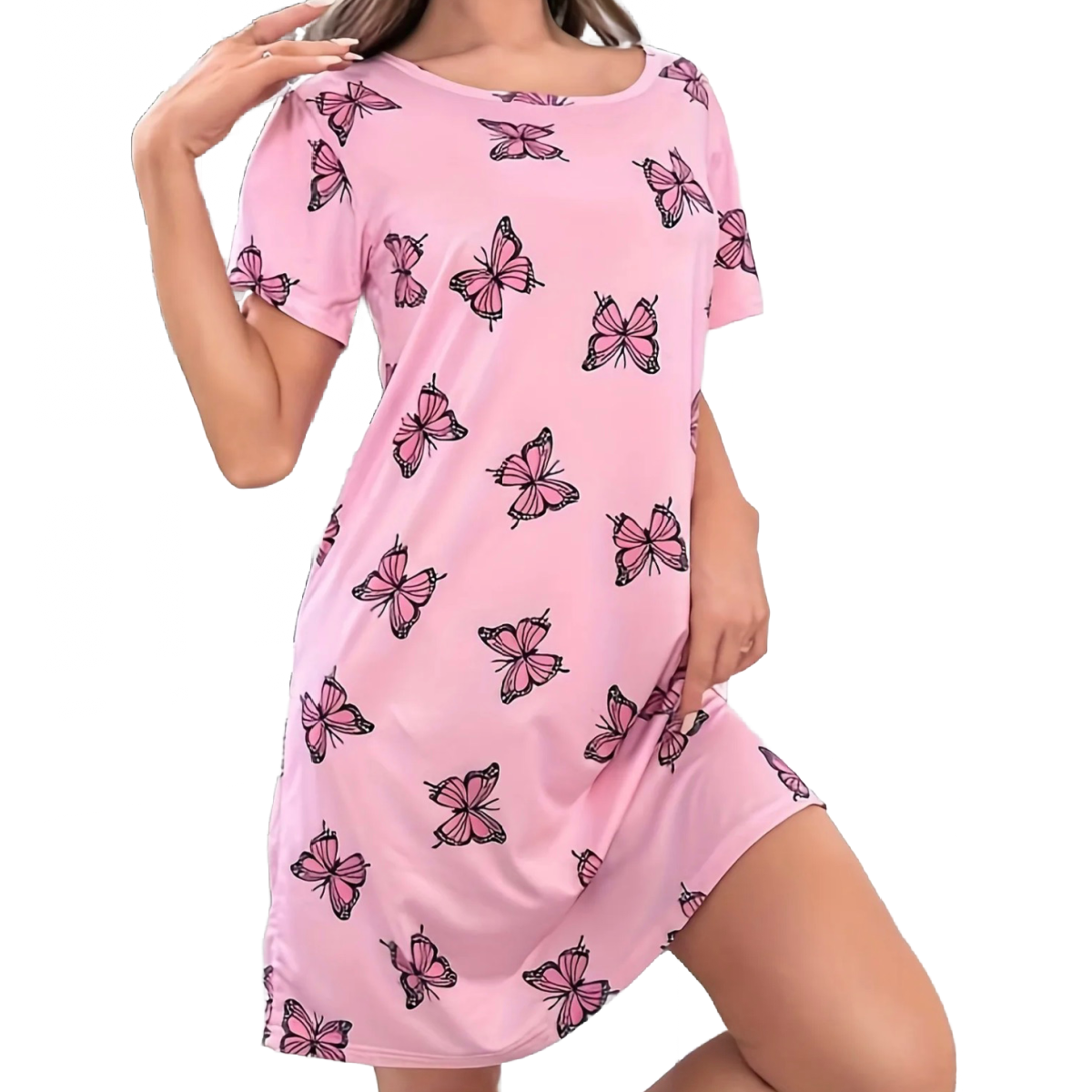 Casual Pink Butterfly Nightdress Crew Neck Short Sleeve Soft Sleep Dress New