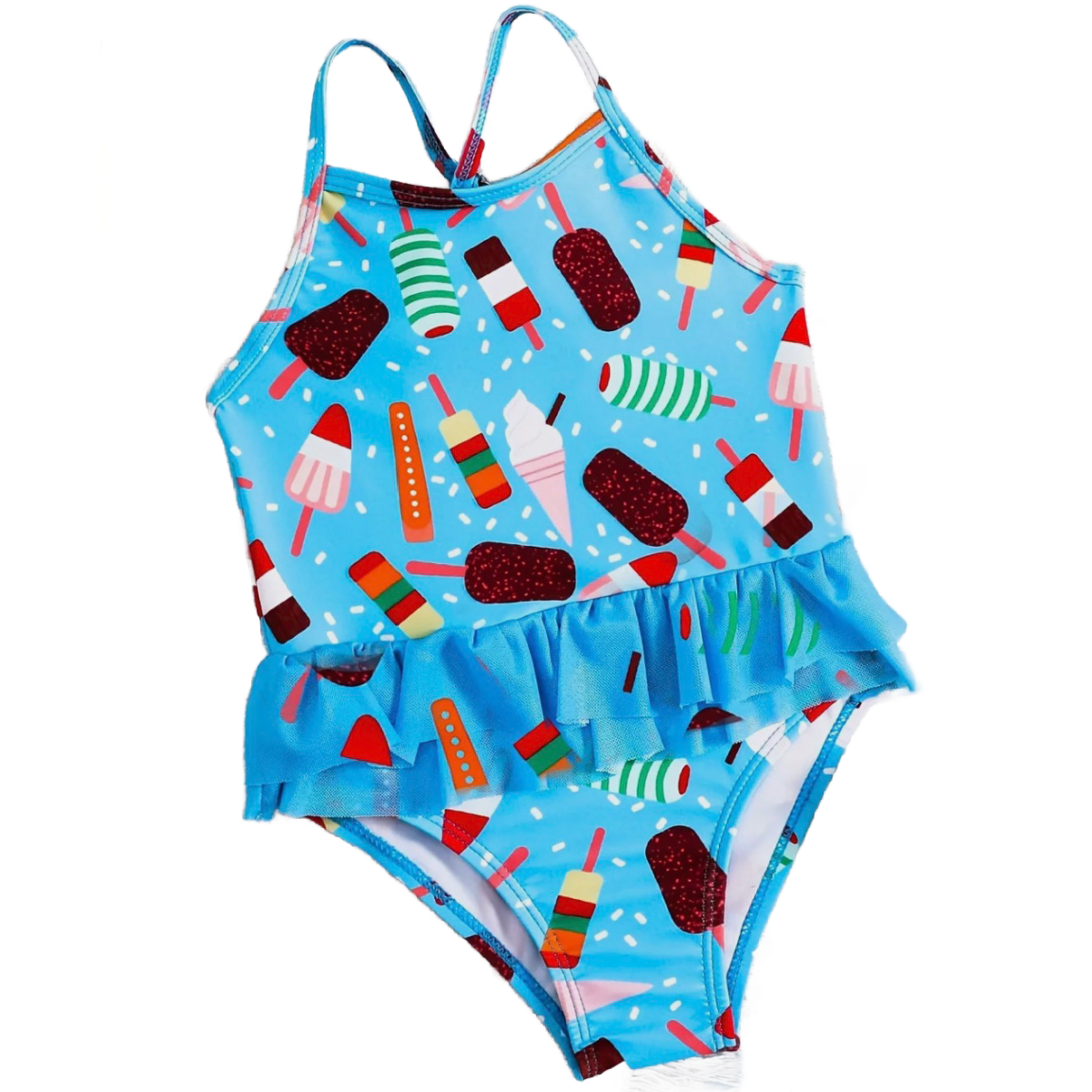 Ice Cream Print Swimwear Girl's Size 4/5 Ruffle Criss-Cross Straps Swimsuit New