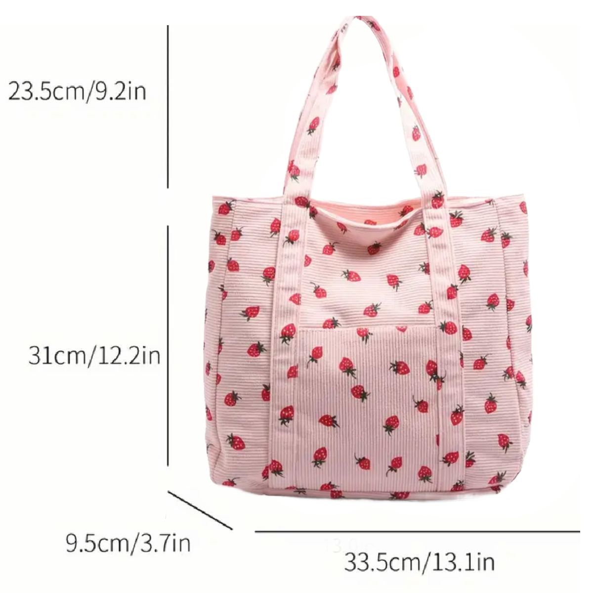 Corduroy Tote Bag Strawberry Pattern Large 13"x12" Shoulder Bag Purse New