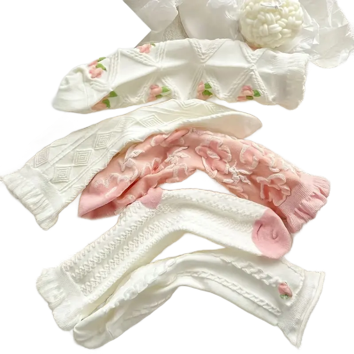 5 Pairs of Floral White Socks w/ Pink Flowers Textured, Ruffle Trim New Lot