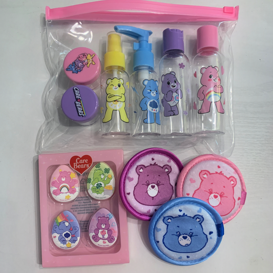 Care Bears Cartoon 14pc Lot Travel Bottles, Pink Bag, Mini Puffs, Powder Puffs