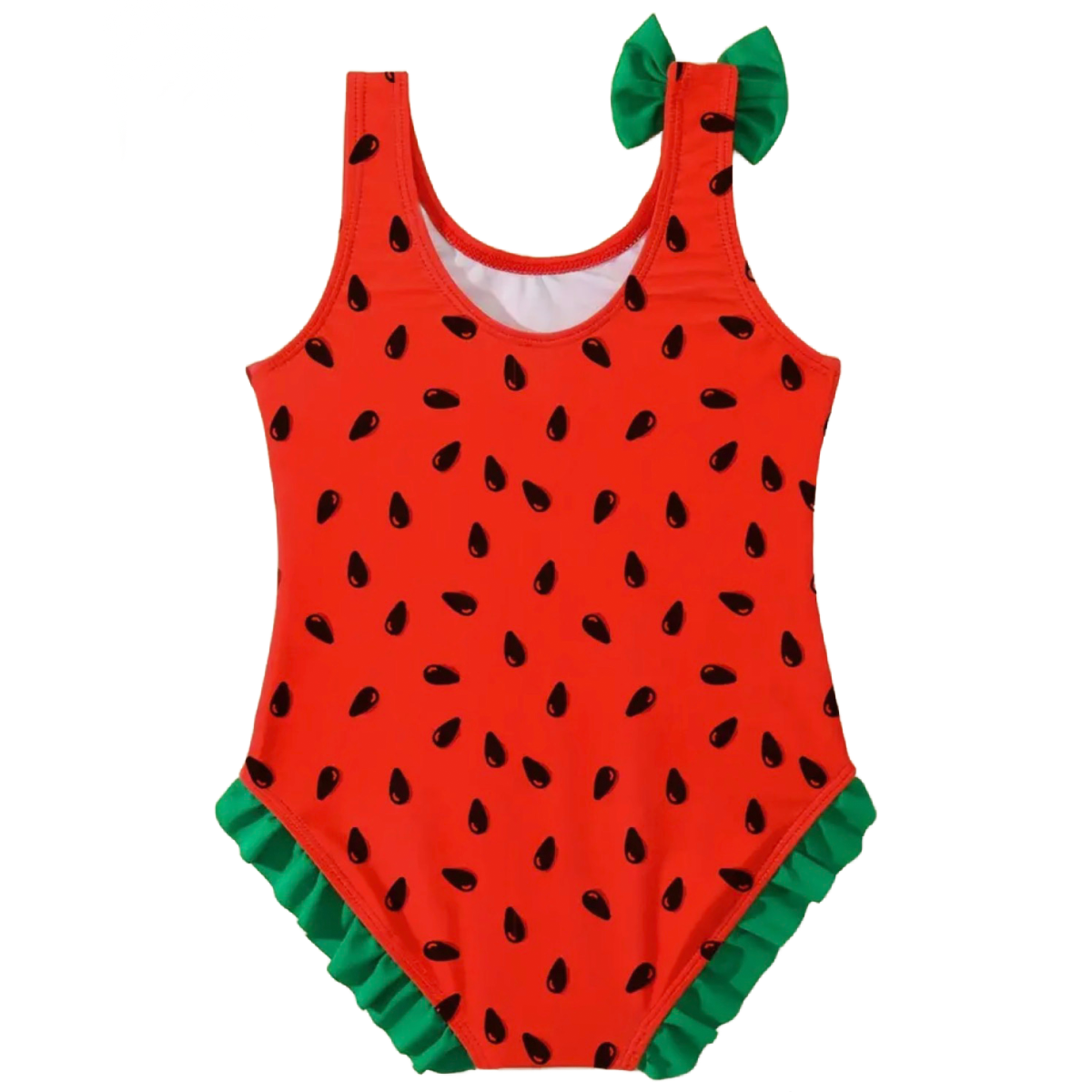 Watermelon One-Piece Swimwear w/ Bow & Ruffle Bathing Swimsuit Wide Straps New