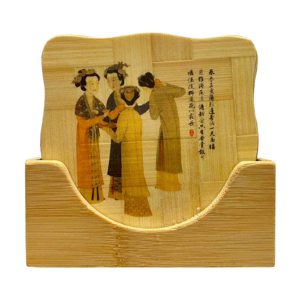 Chinese Barware 7pc Coasters Vintage Handcrafted Bamboo Wood Square Rack People