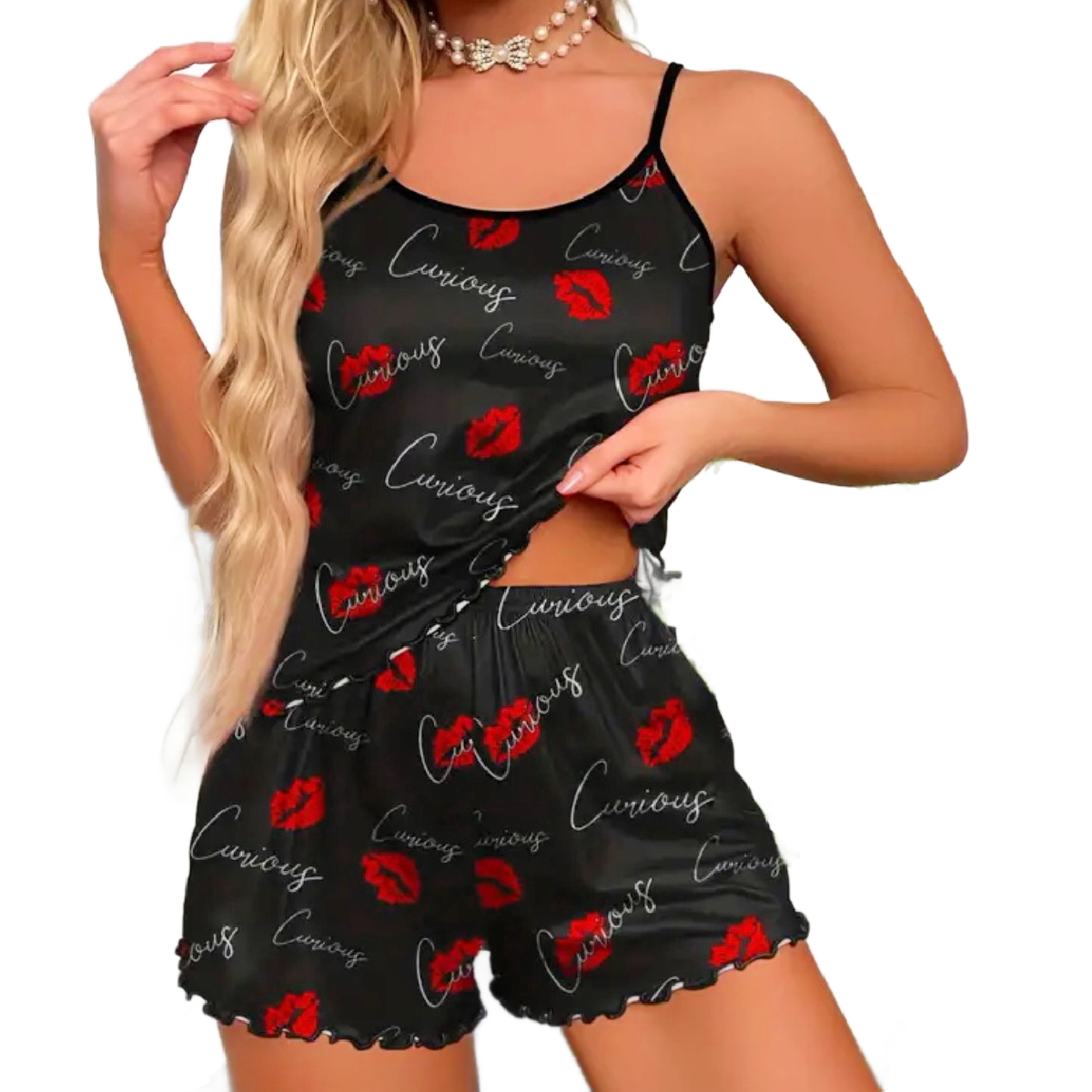 Curious Red Lips 2pc PJ Set Women's Kiss Loungewear Pajamas Cami Top & Shorts