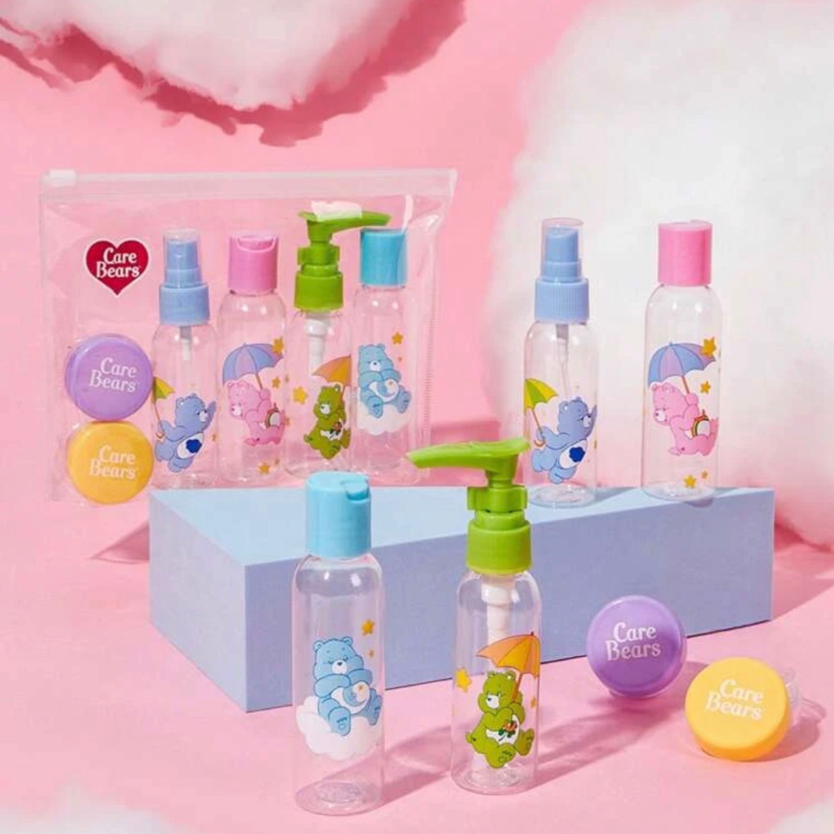 Care Bears Cartoon 14pc Lot Travel Bottles, Mini Makeup Puffs, Powder Puffs New