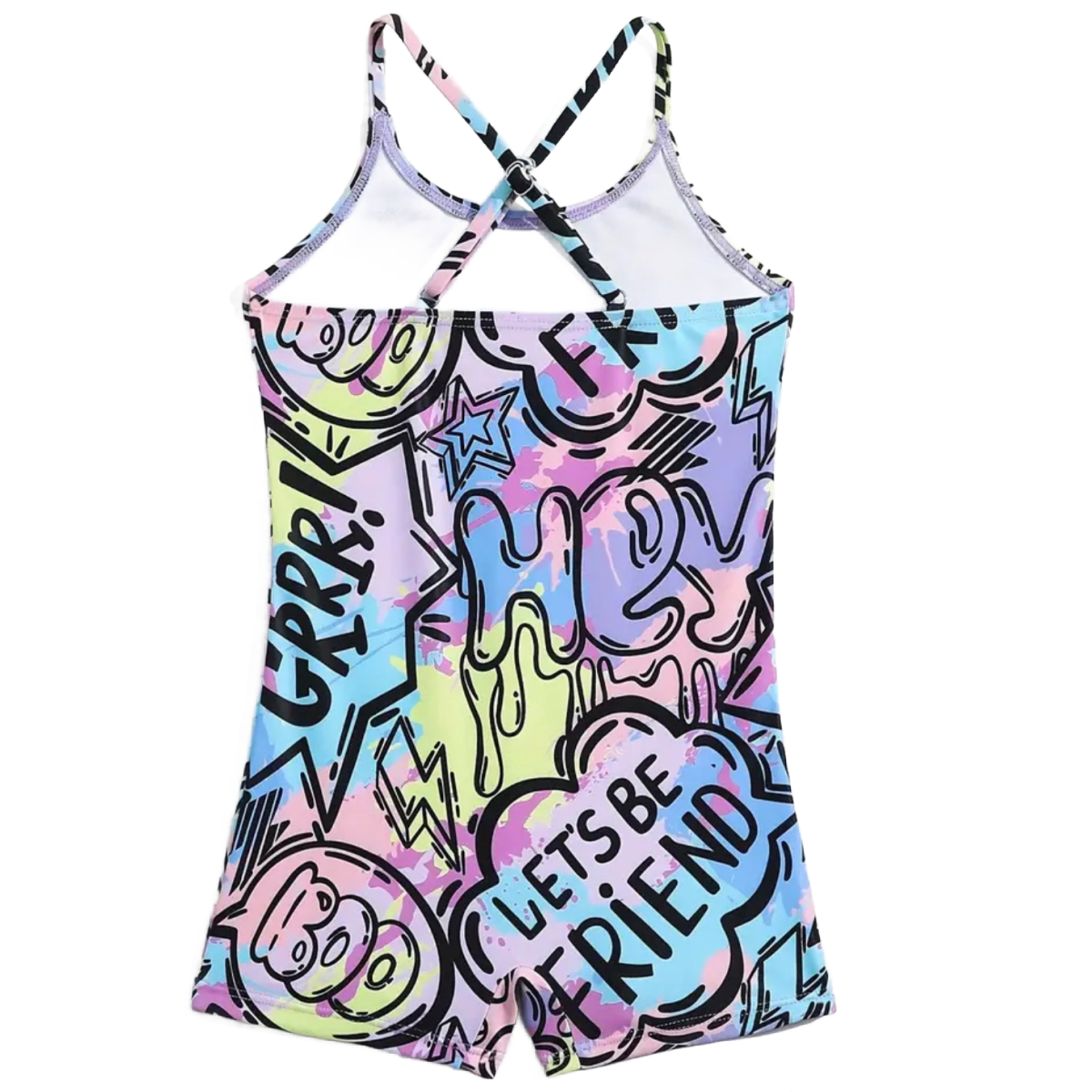 Chic Graffiti High Waist Jumpsuit Swimwear Girls Criss-Cross Straps Swimsuit New