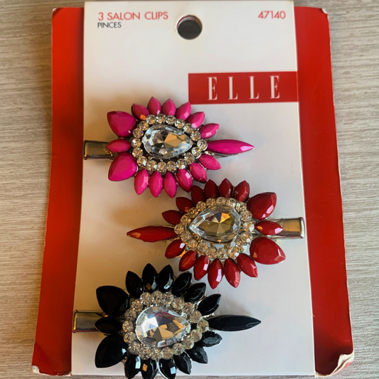 Elle Salon Hair Clips Rhinestone Pack of 3 Pink, Red, Black New