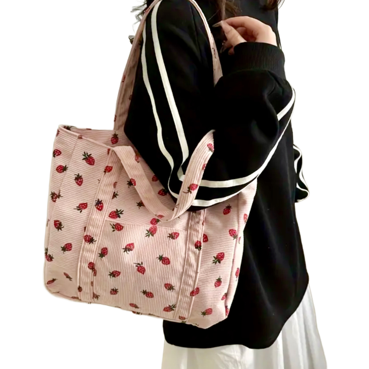 Corduroy Tote Bag Strawberry Pattern Large 13"x12" Shoulder Bag Purse New