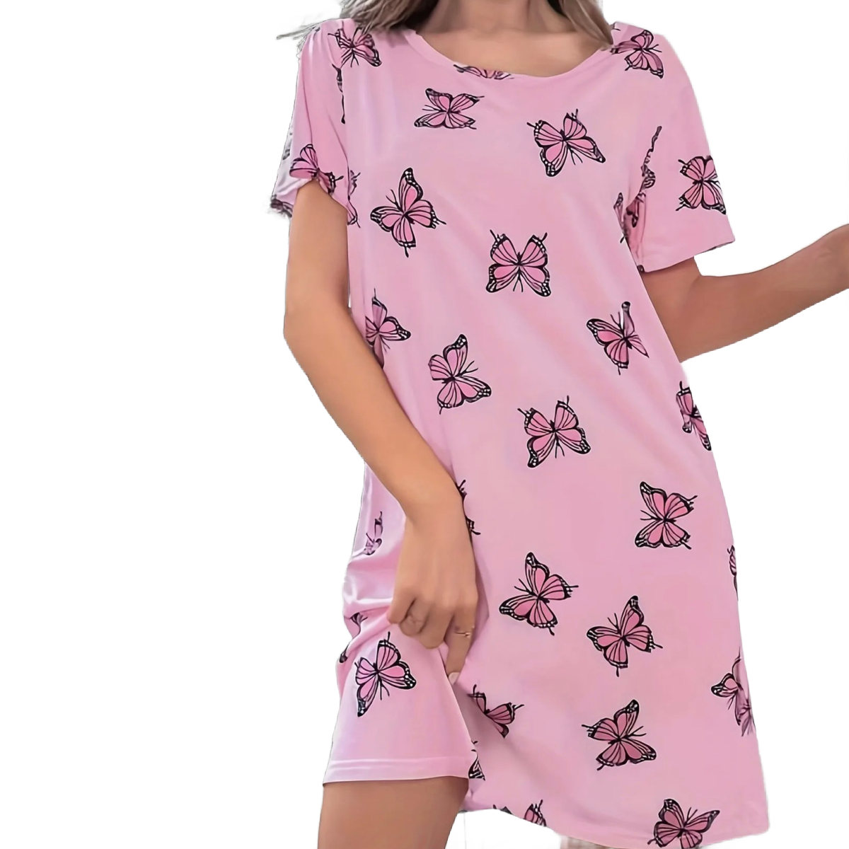 Casual Pink Butterfly Nightdress Crew Neck Short Sleeve Soft Sleep Dress New