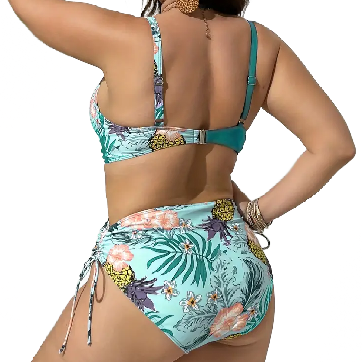 2pc Tropical Print Bikini Swimsuit Criss-Cross Top High Waisted Lace Up Bottom