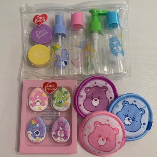 Care Bears Cartoon 14pc Lot Travel Bottles, Mini Makeup Puffs, Powder Puffs New