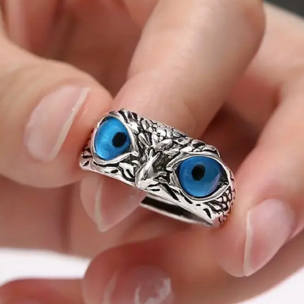 Blue Eye Cute Owl Silver Ring Adjustable Size Bird Unique Unisex Fun New