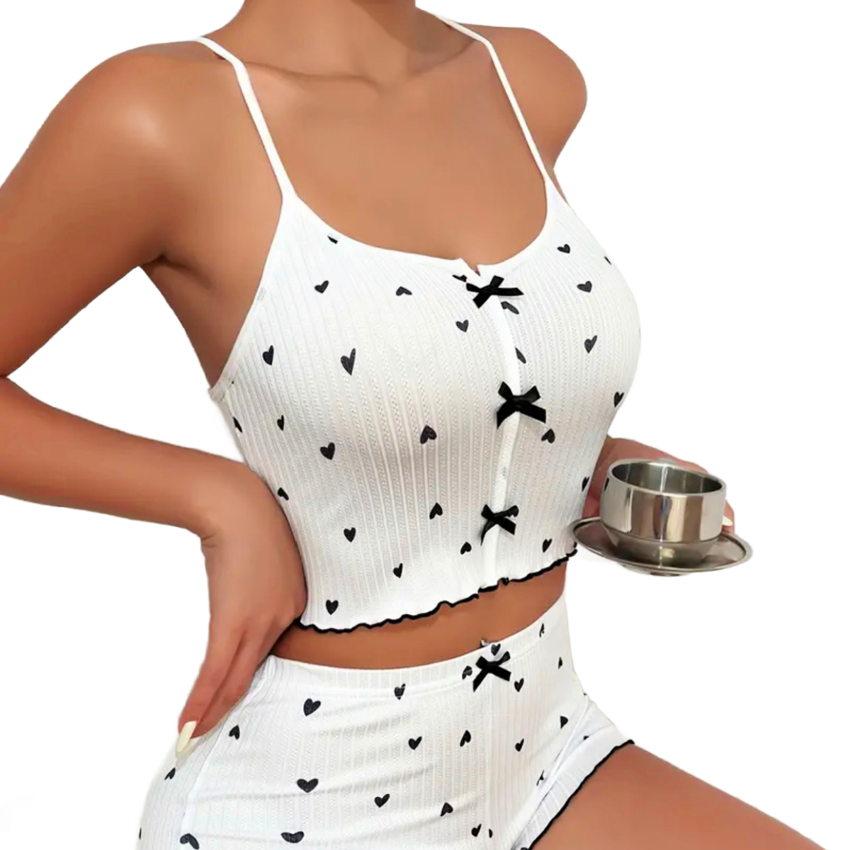 Black Hearts On White 2pc Lingerie PJ Women's Loungewear Pajamas Cami Top Shorts