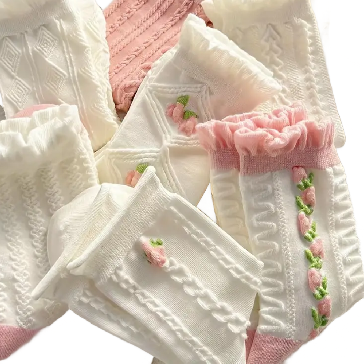 5 Pairs of Floral White Socks w/ Pink Flowers Textured, Ruffle Trim New Lot