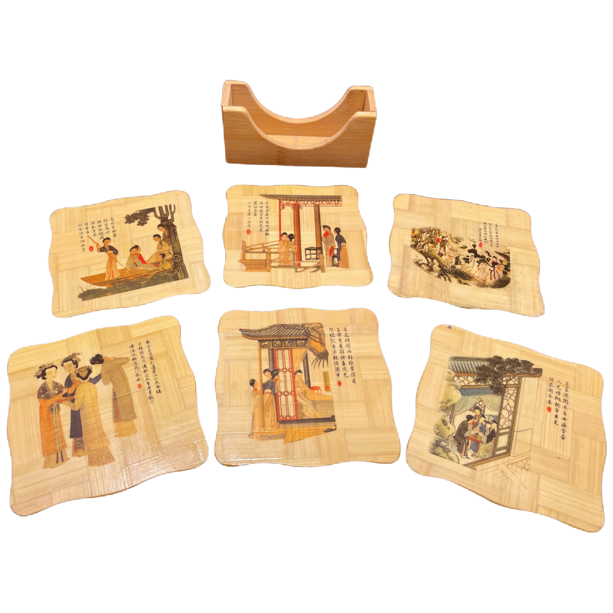 Chinese Barware 7pc Coasters Vintage Handcrafted Bamboo Wood Square Rack People