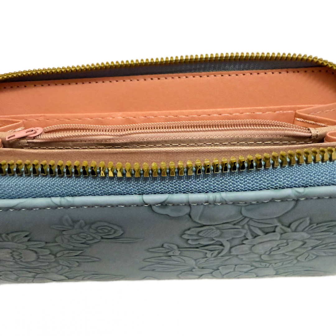 Slate Blue 7.5" Faux Leather Embossed Floral Wallet Wrist Strap Zipper New