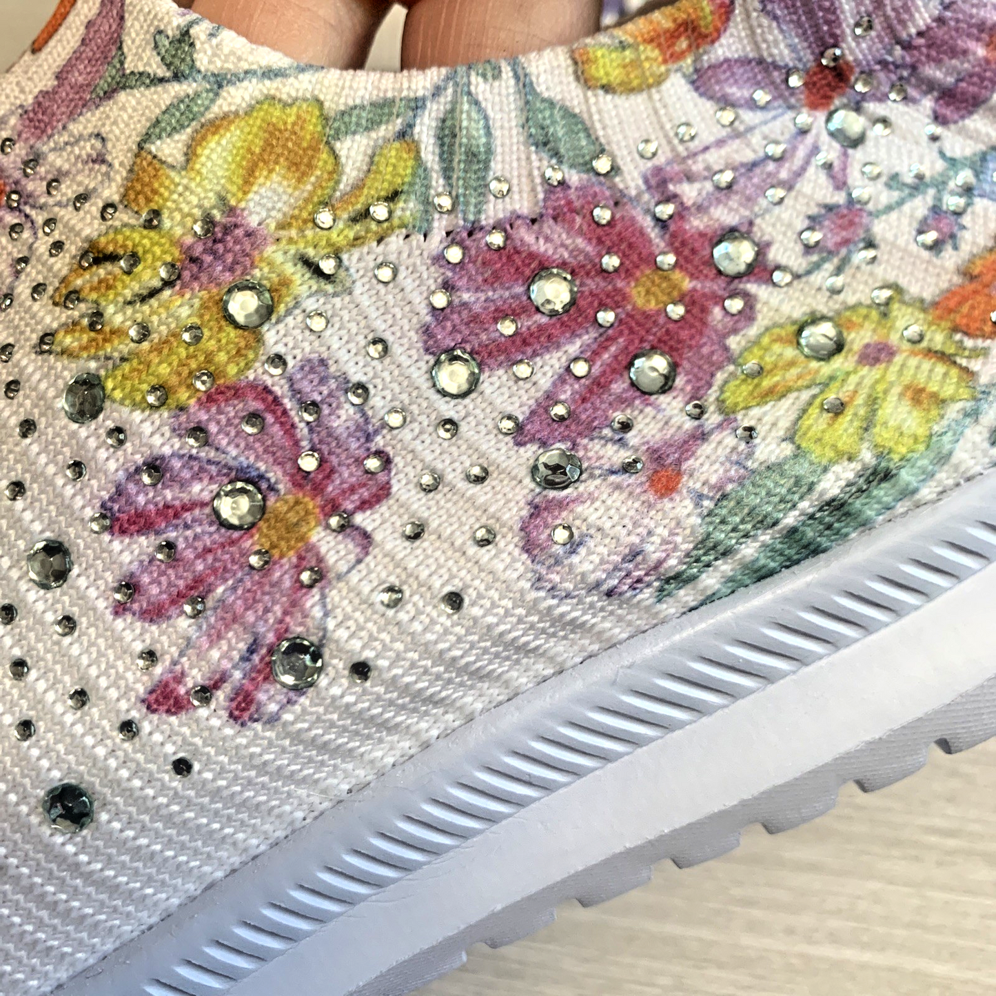 Women's Floral Rhinestone Knit Slip-On Sneakers Size 10.5 Colorful Shoes NWOT